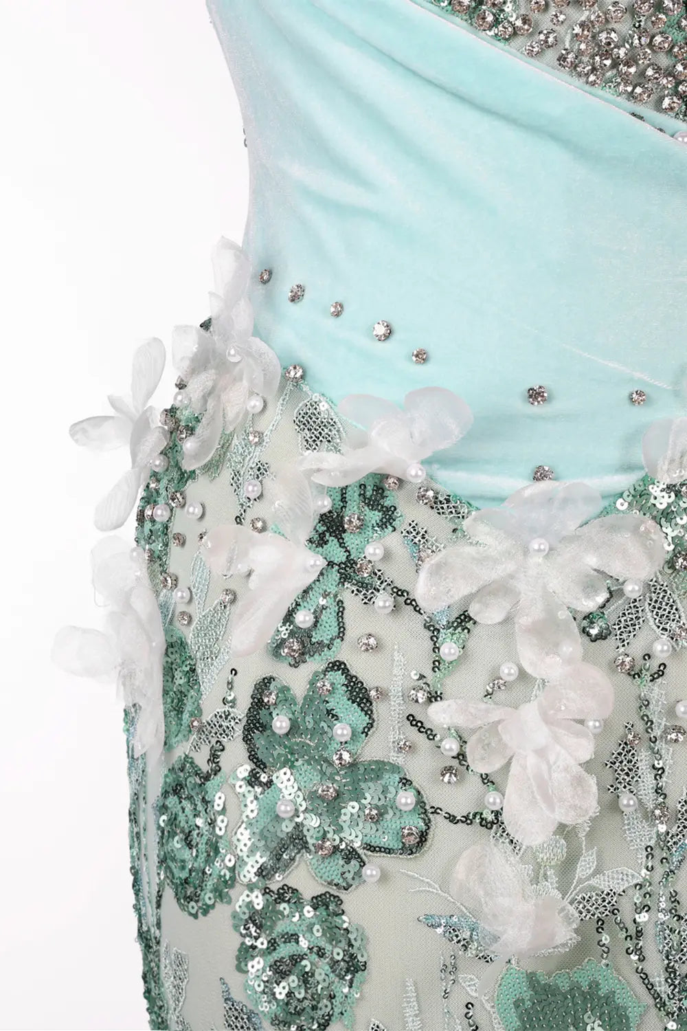 Vestido de noche verde palabra de honor con lentejuelas y flores