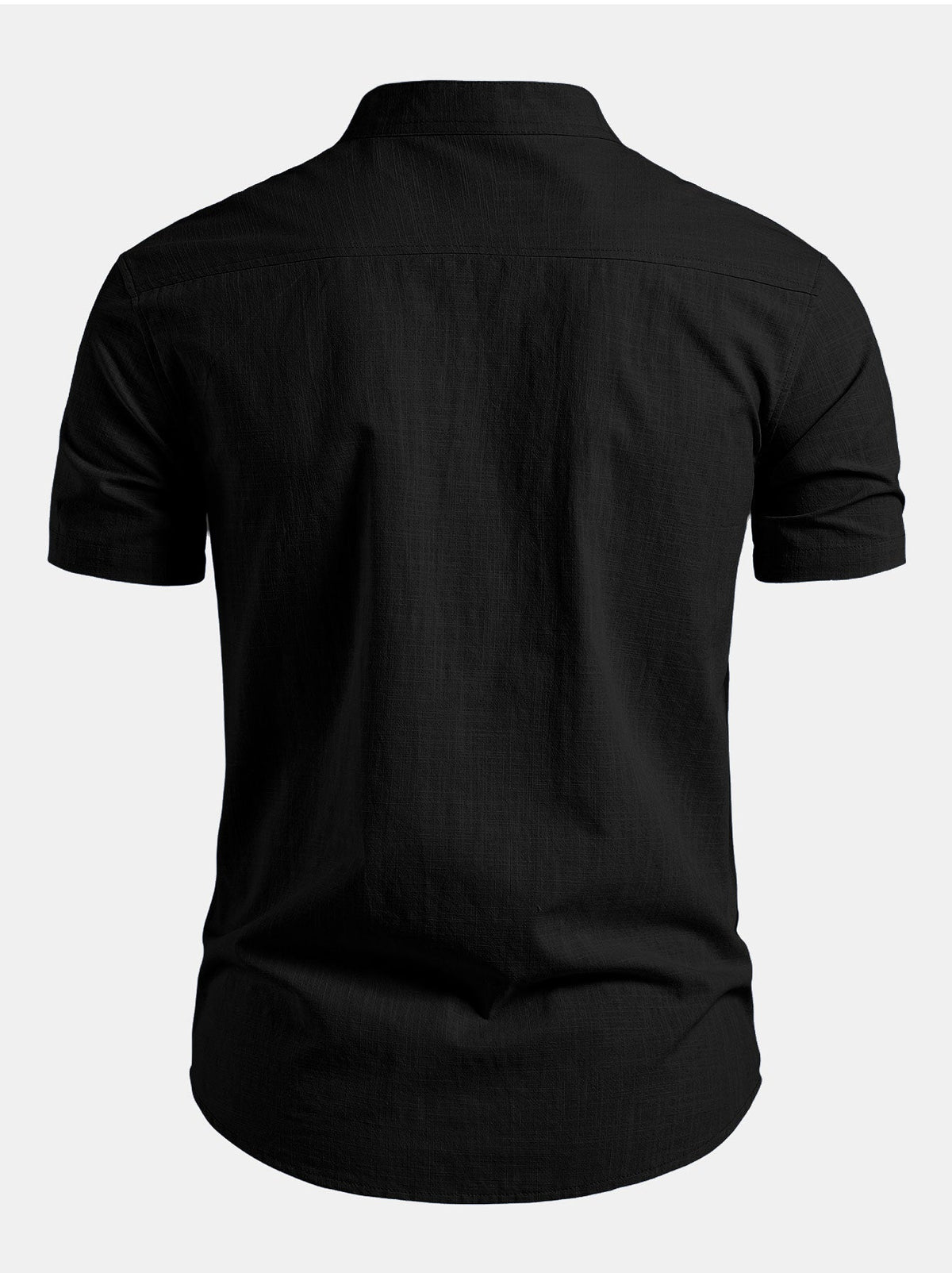 Camisa de lino de manga corta con cuello mao y pantalones de pierna recta con textura arrugada