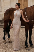 Vestido de noche champán de cuello alto con perlas y lentejuelas