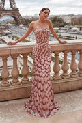 Vestido largo rosa de sirena palabra de honor con lentejuelas efecto escamas