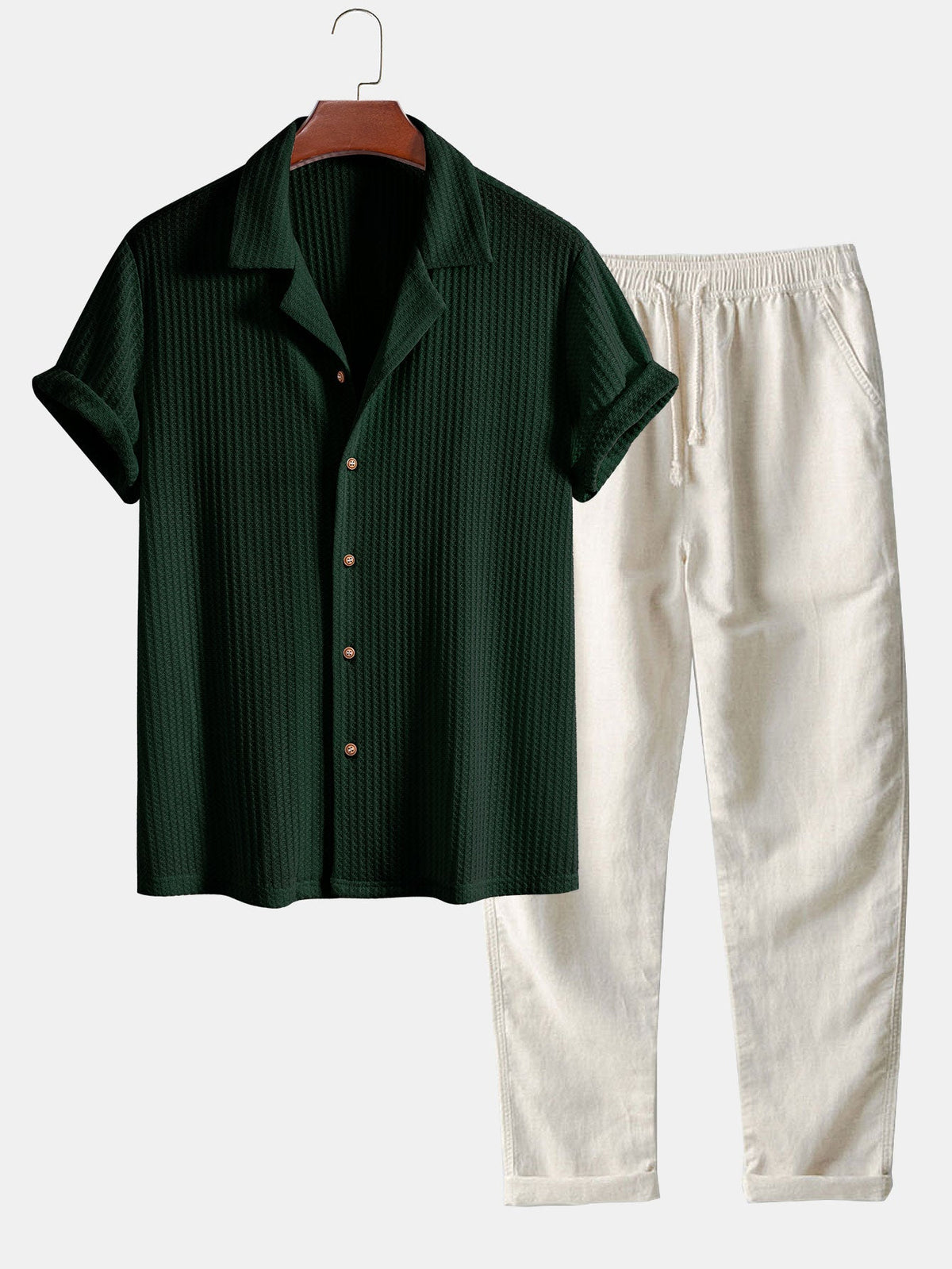 Camisa cubana de punto waffle de manga corta y pantalones de lino de pierna recta