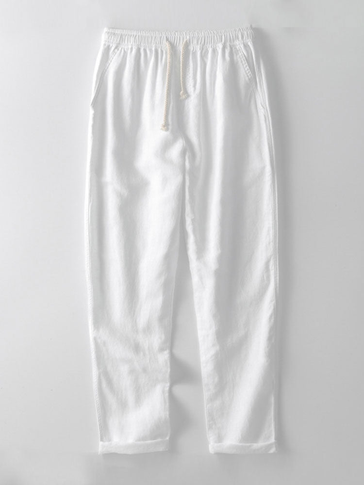 Camisa de mezcla de lino y rayón con cuello en V y pantalones de lino de pierna recta
