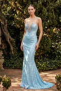 Vestido de noche azul palabra de honor con lentejuelas y abalorios
