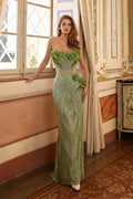 Vestido largo verde palabra de honor con lentejuelas florales