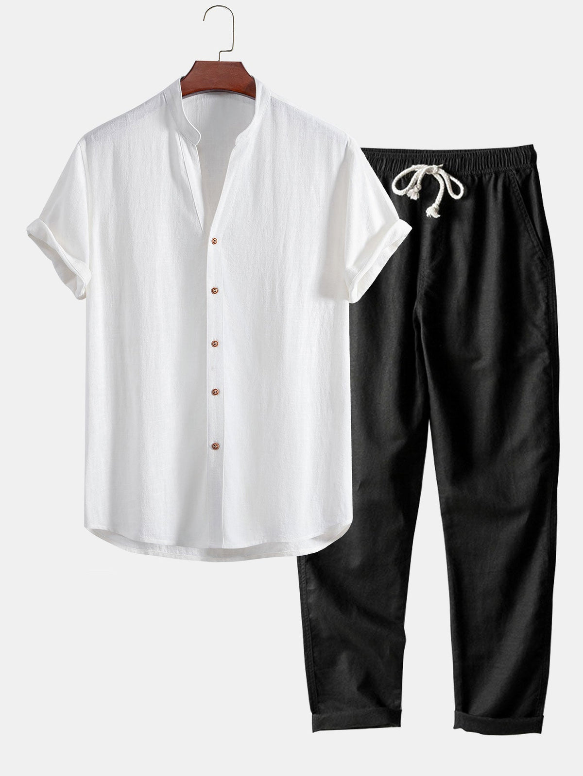 Camisa de mezcla de lino y rayón con cuello en V y pantalones de lino de pierna recta