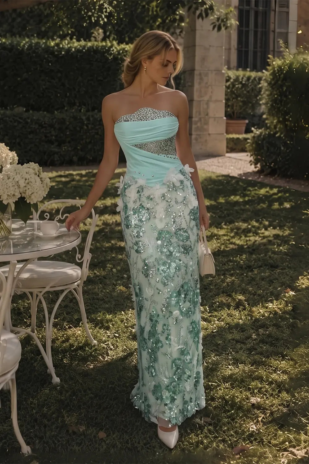 Vestido de noche verde palabra de honor con lentejuelas y flores