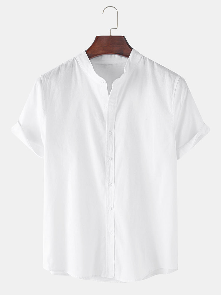 Camisa de manga corta con cuello mao estilo lino y pantalones recortados de mezcla de lino y algodón