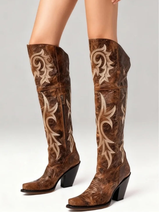 Botas altas retro estampadas con tacón grueso
