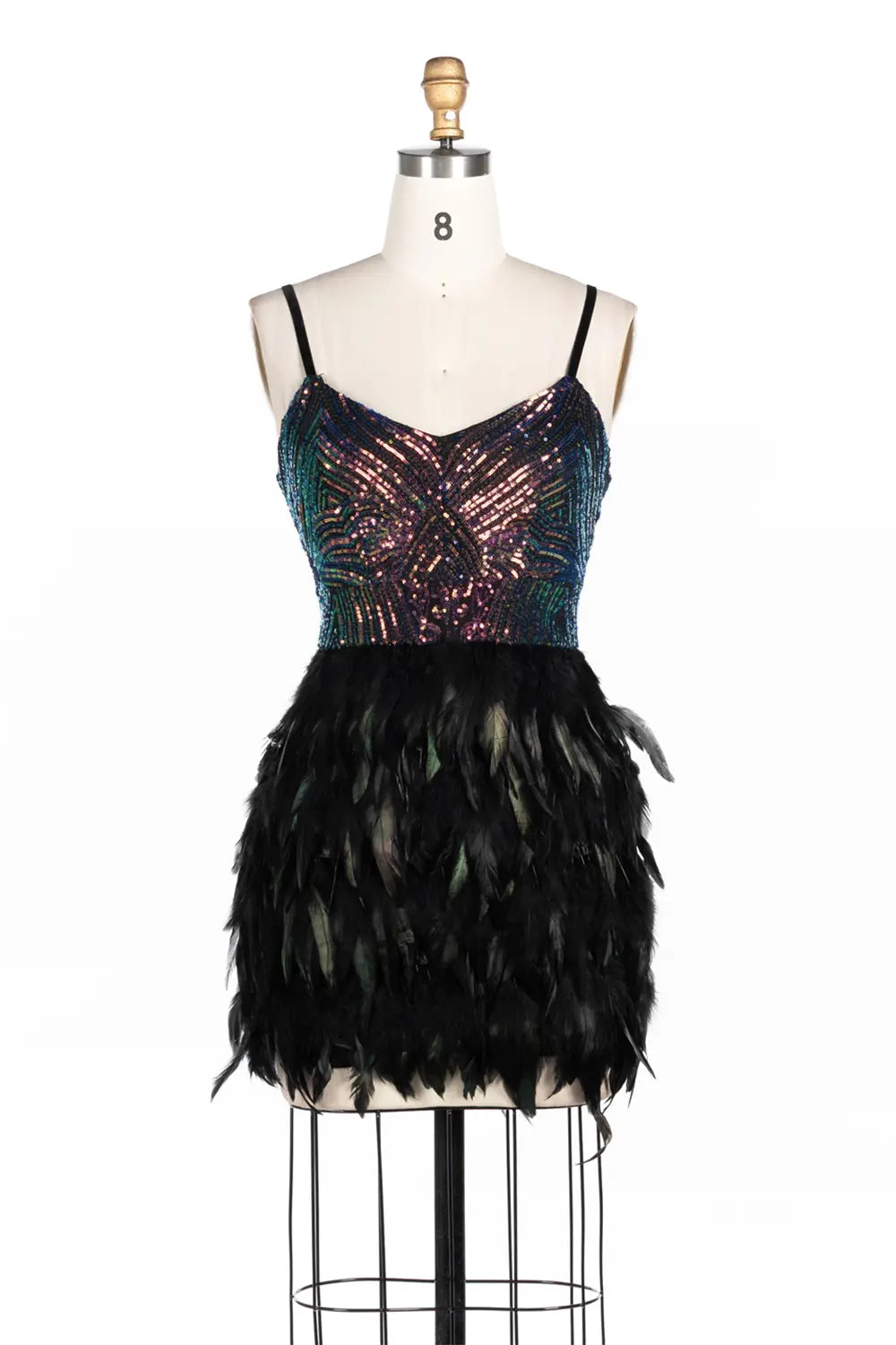 Vestido corto negro de tirantes con corpiño de lentejuelas iridiscentes y plumas