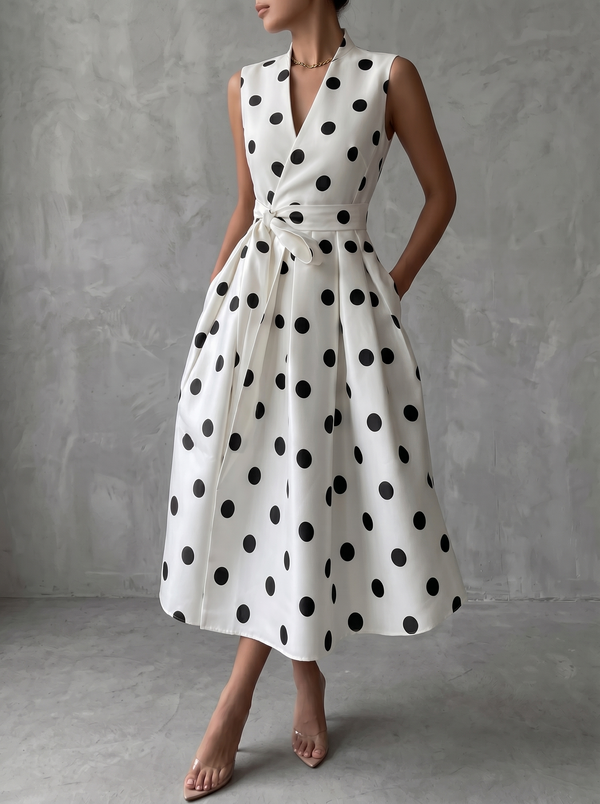 Vestido midi francés sin mangas de lunares clásico en blanco y negro
