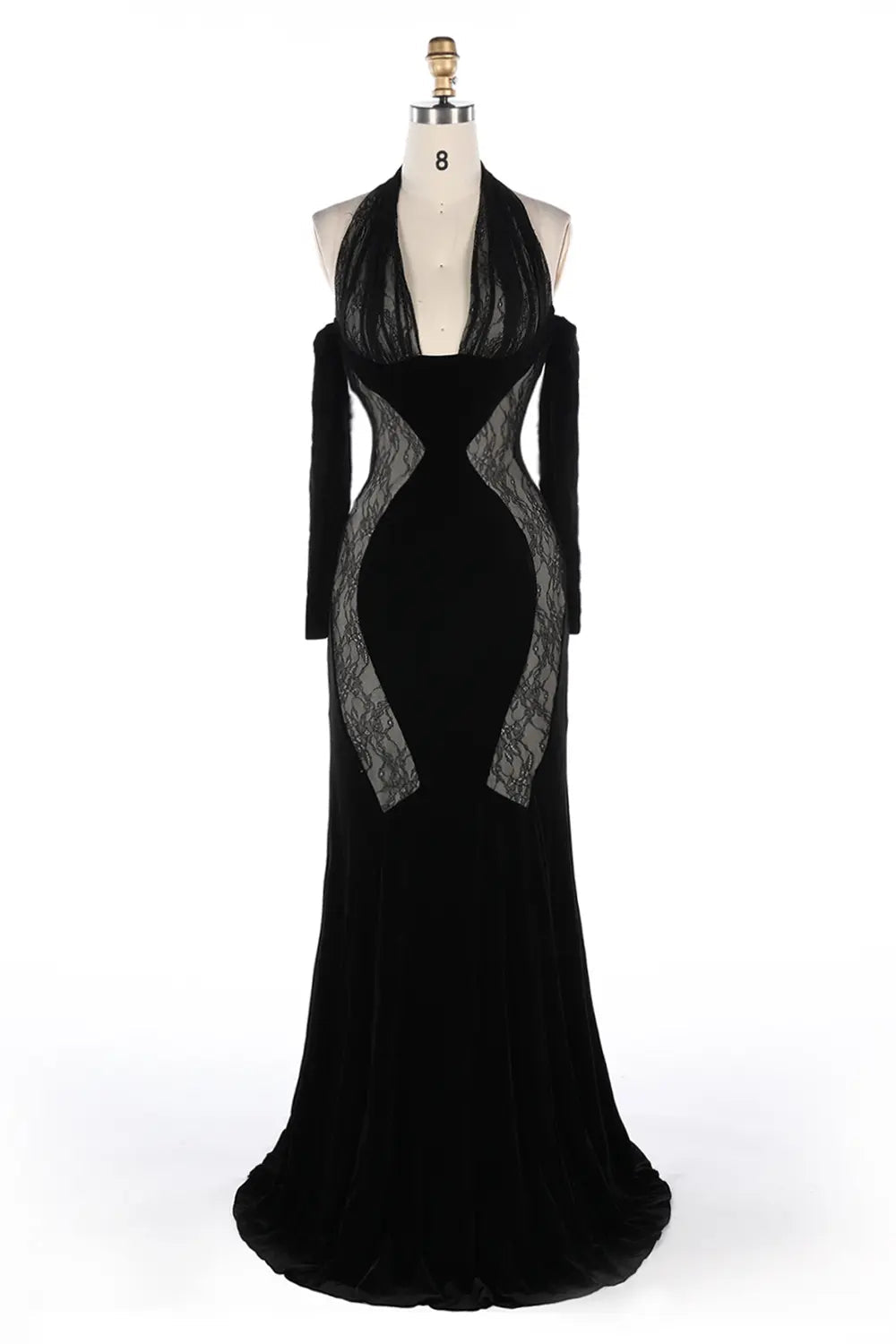 Vestido de noche negro halter de terciopelo con transparencias