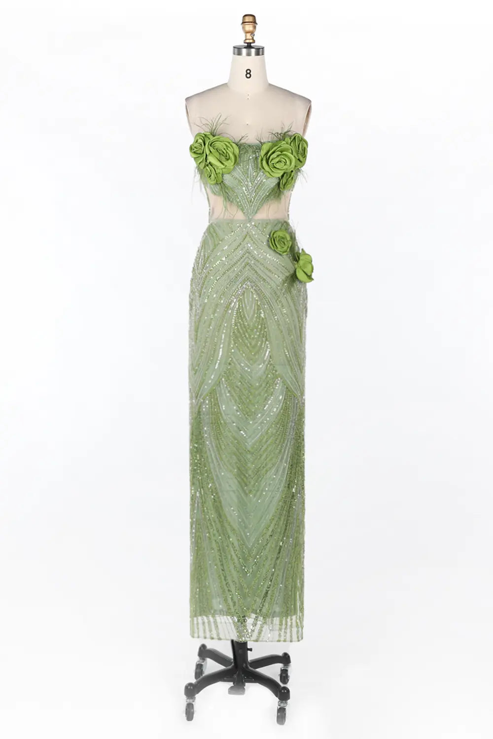 Vestido largo verde palabra de honor con lentejuelas florales