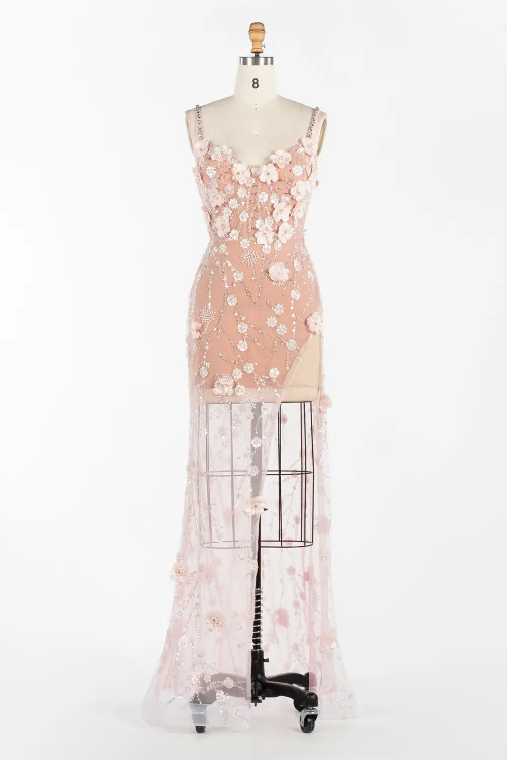 Vestido de noche rosa de sirena con tul y flores 3D