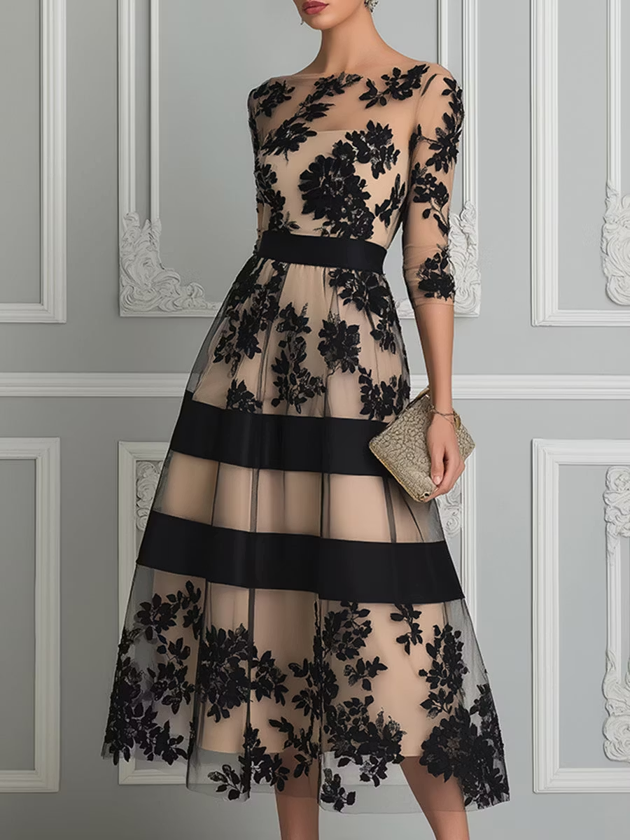 Vestido midi negro de encaje elegante con corte en A