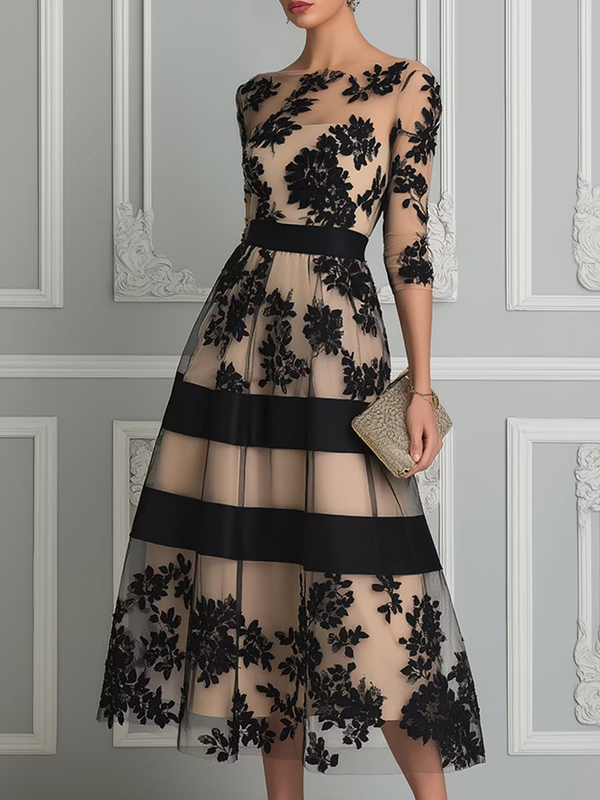 Vestido midi negro de encaje elegante con corte en A