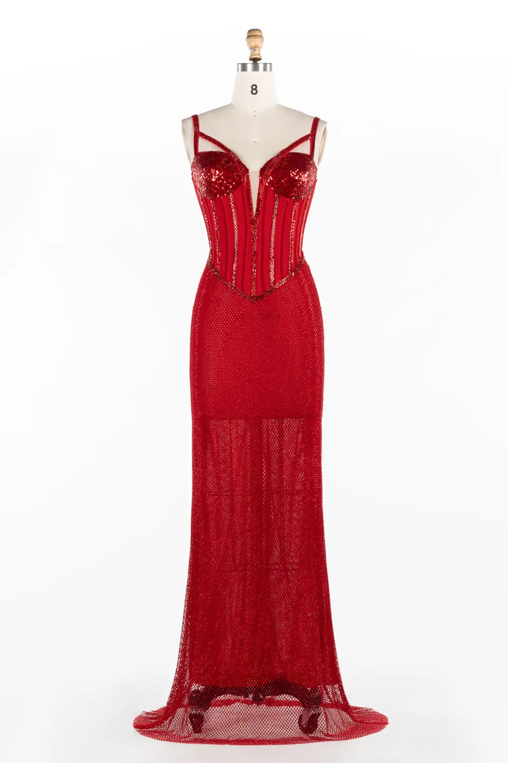 Vestido de noche rojo con corsé, escote profundo, lentejuelas y malla brillante
