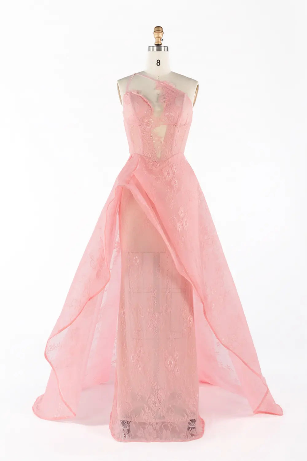 Vestido de noche rosa de encaje transparente con abertura asimétrica