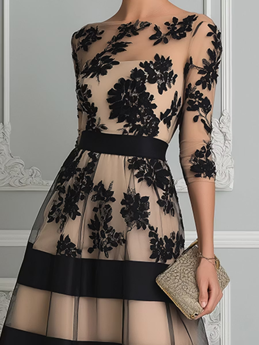 Vestido midi negro de encaje elegante con corte en A