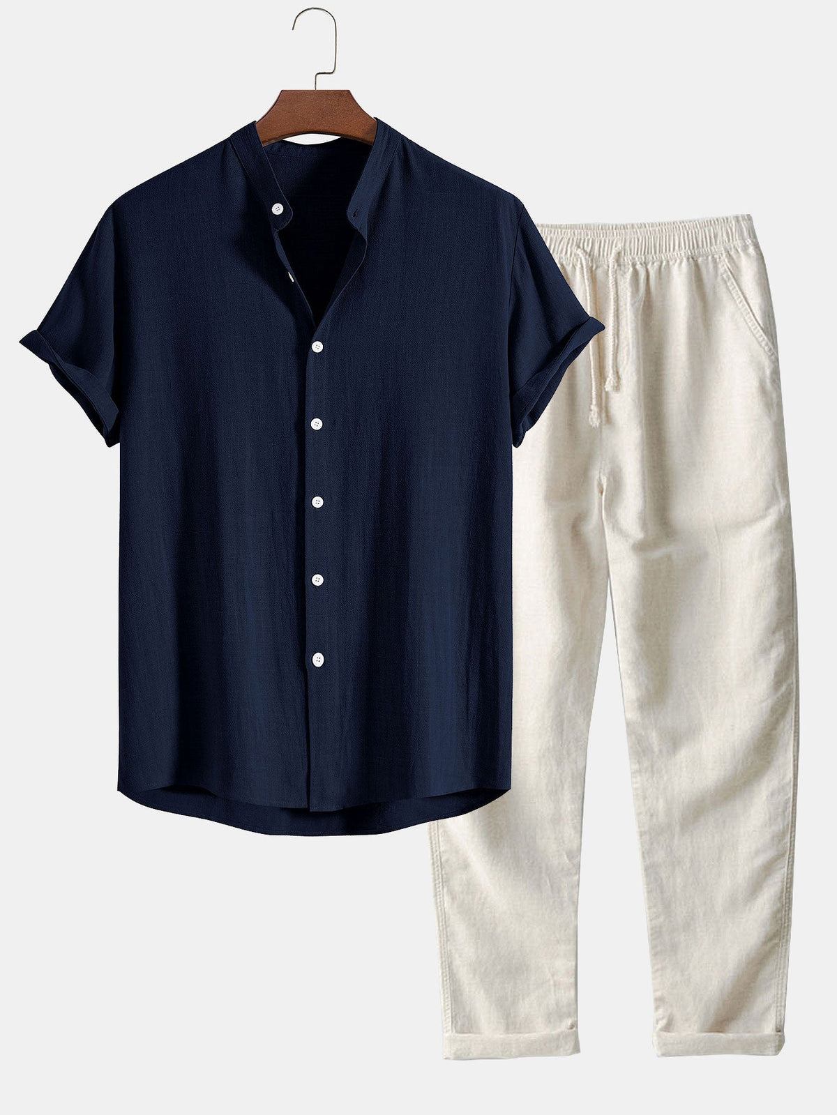 Camisa con Cuello de Pie de Mezcla de Lino y Rayón y Pantalones de Lino de Pierna Recta