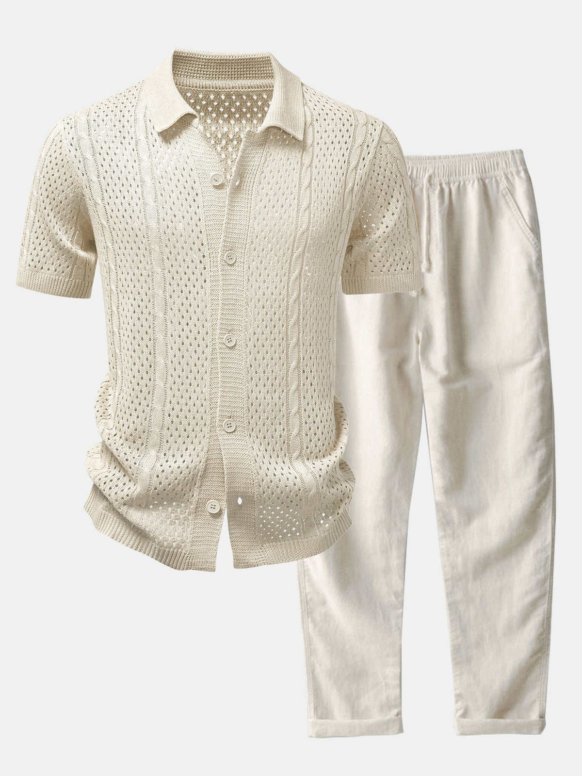 Camisa de punto abierta y pantalones de lino de pierna recta