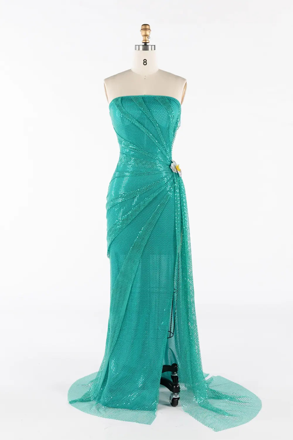 Vestido de noche verde esmeralda palabra de honor con lentejuelas y abertura