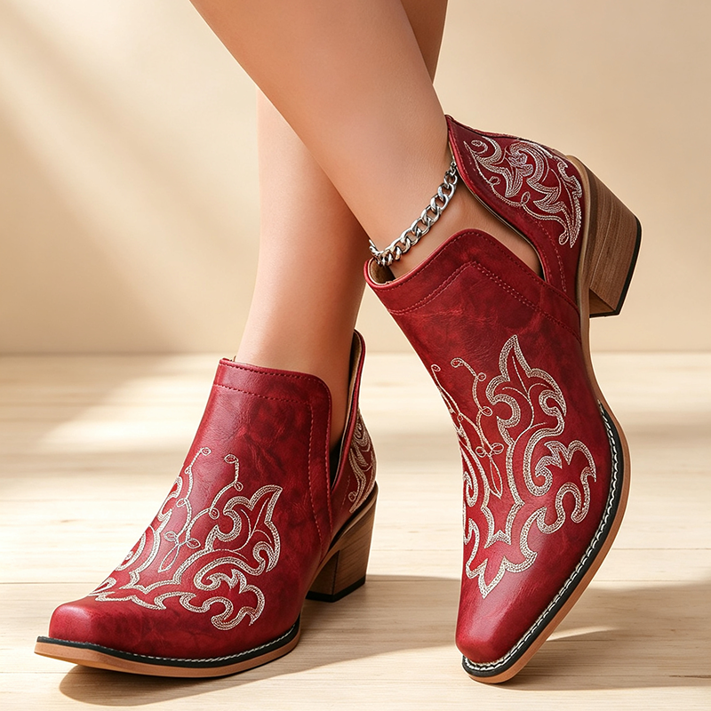 Botines vintage bordados con plataforma, punta fina y sin cierre
