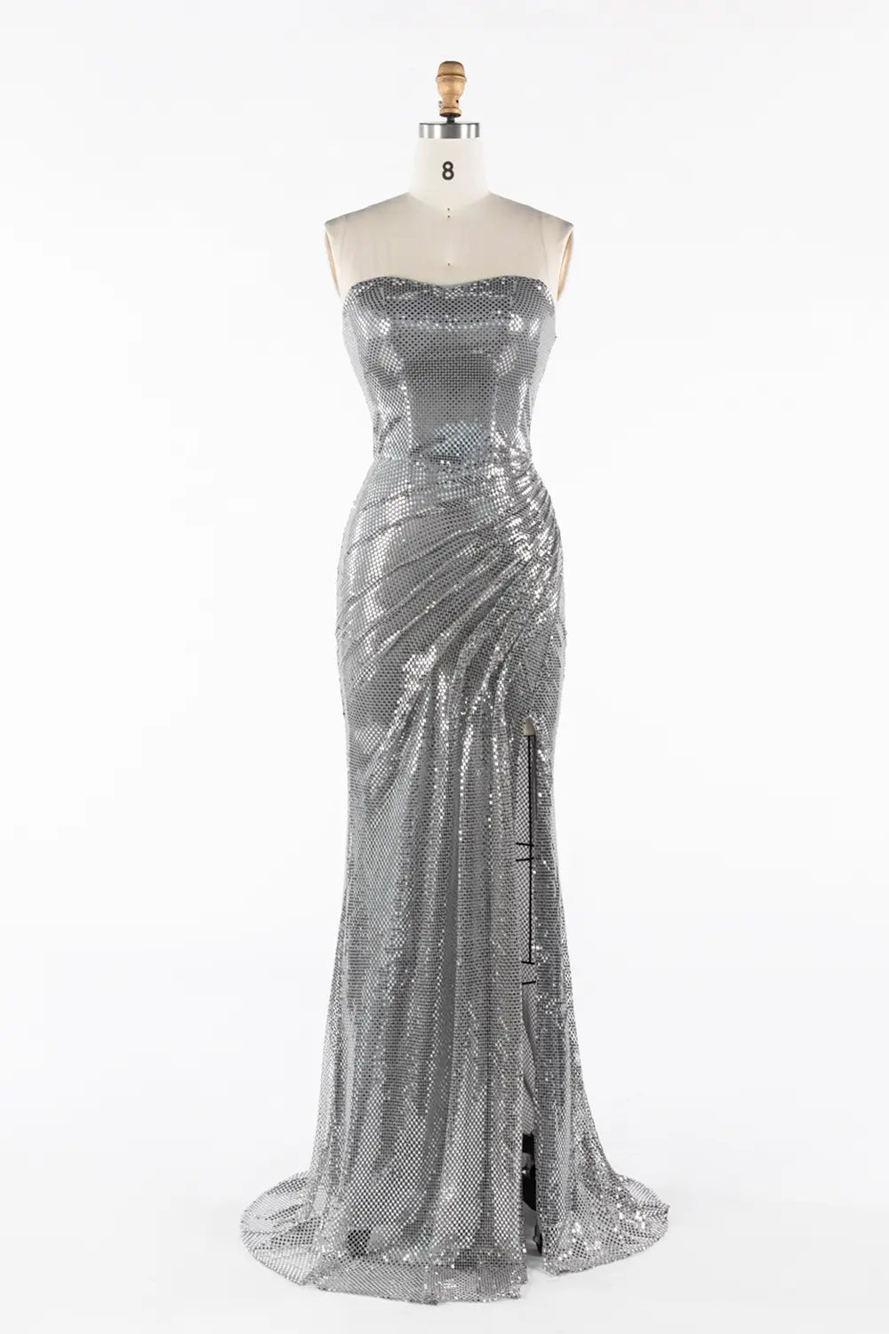 Vestido de noche plateado palabra de honor fruncido con lentejuelas y abertura