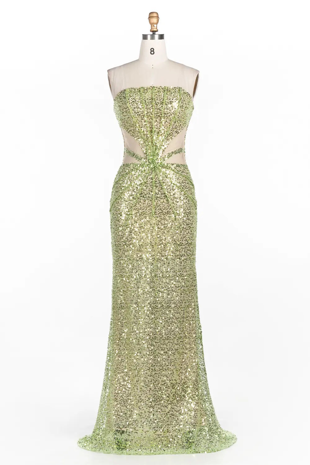 Vestido de noche verde palabra de honor con lentejuelas y aberturas