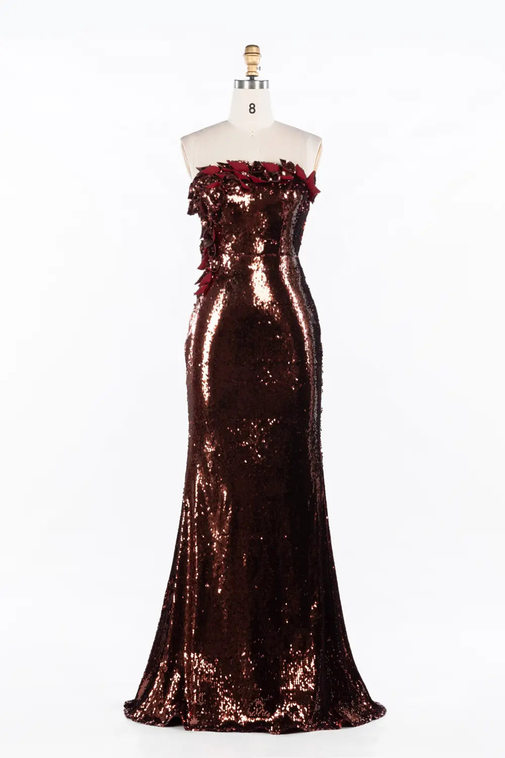 Vestido de noche burdeos de sirena con lentejuelas brillantes y rosas 3D