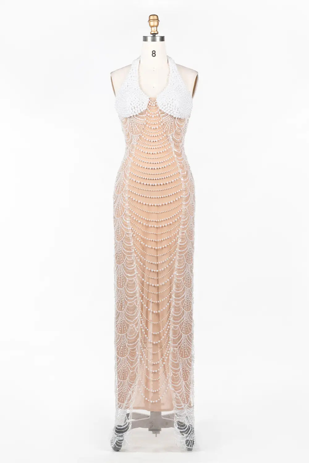 Vestido de noche blanco nude halter con abalorios