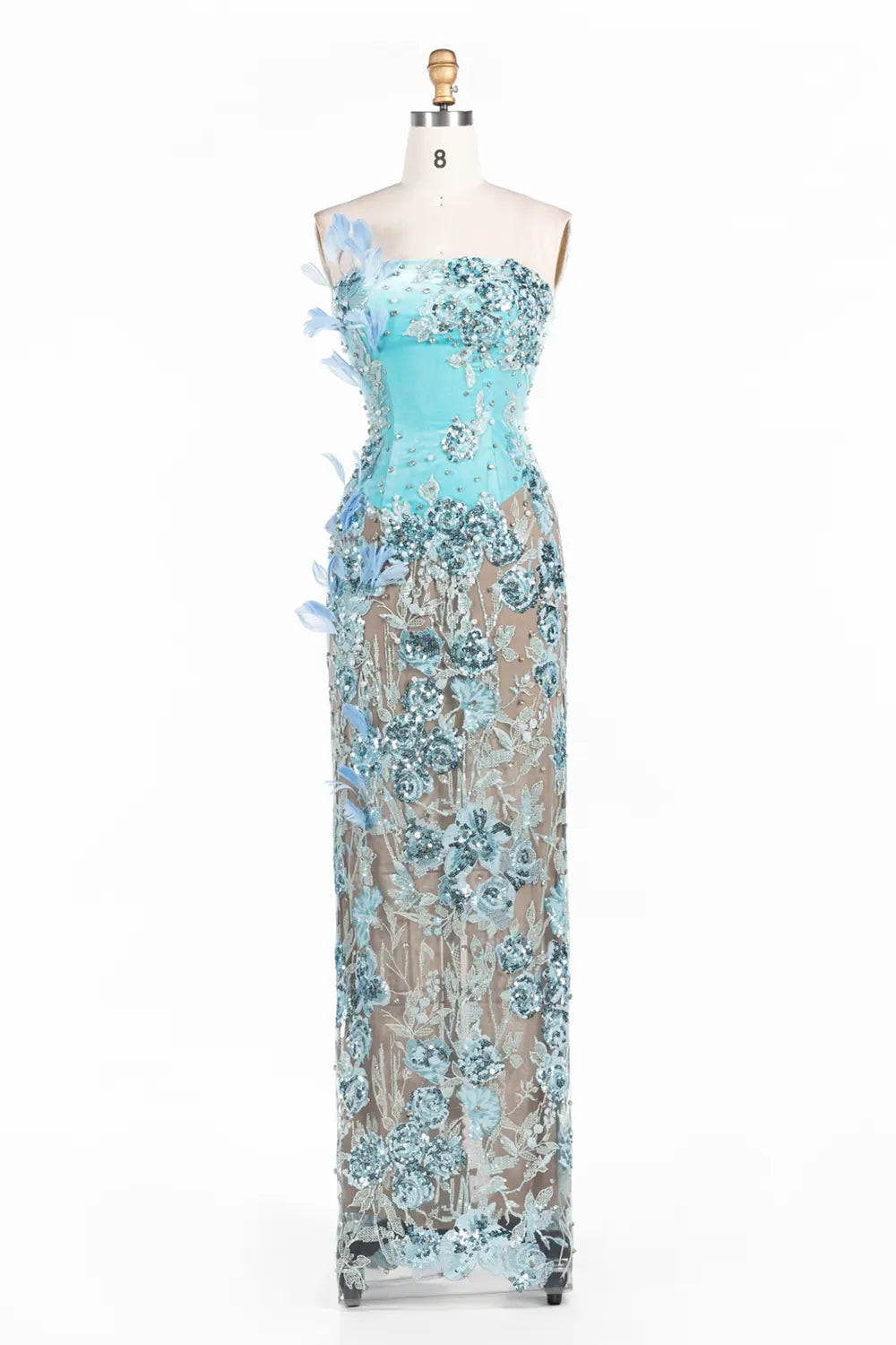 Vestido largo azul palabra de honor con lentejuelas y plumas