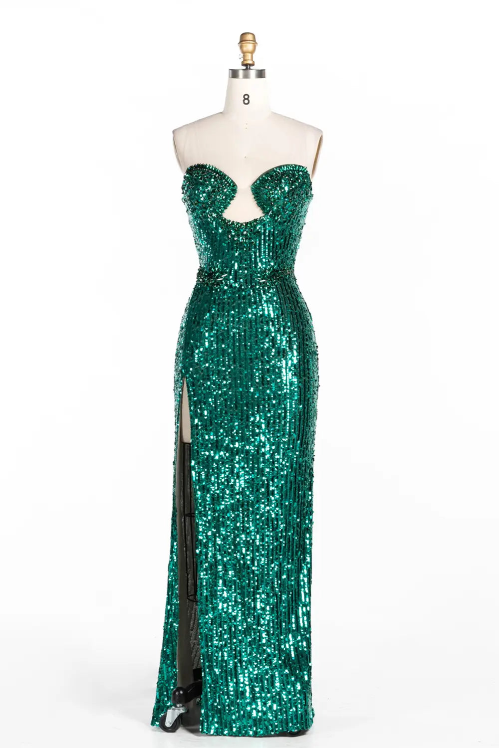 Vestido de noche verde palabra de honor con lentejuelas
