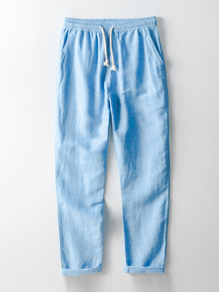 Camisa de mezcla de lino y rayón con cuello en V y pantalones de lino de pierna recta