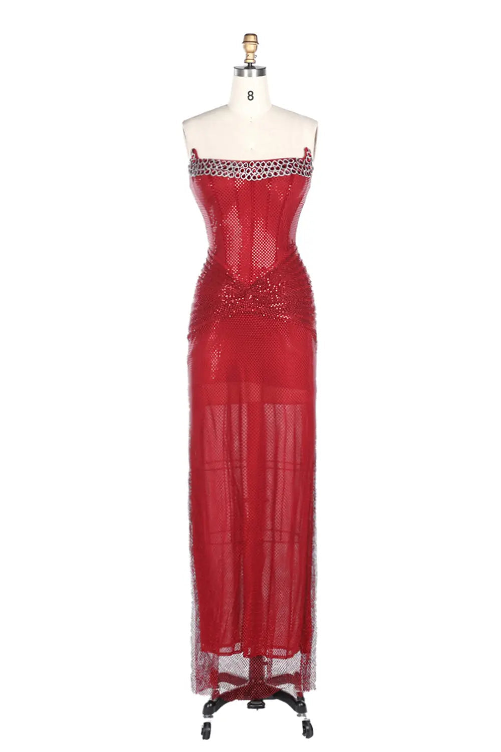 Vestido de noche rojo palabra de honor con lentejuelas
