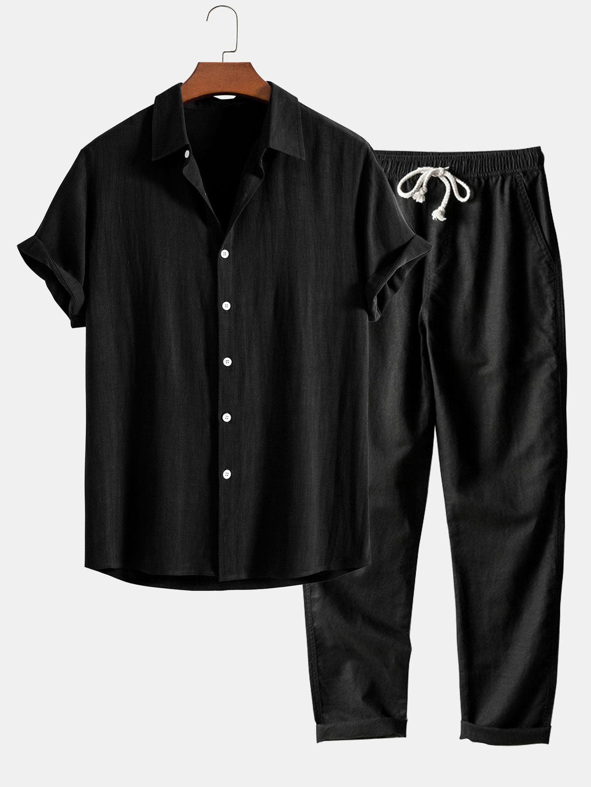 Camisa de Botones de Mezcla de Lino y Rayón y Pantalones de Lino de Pierna Recta
