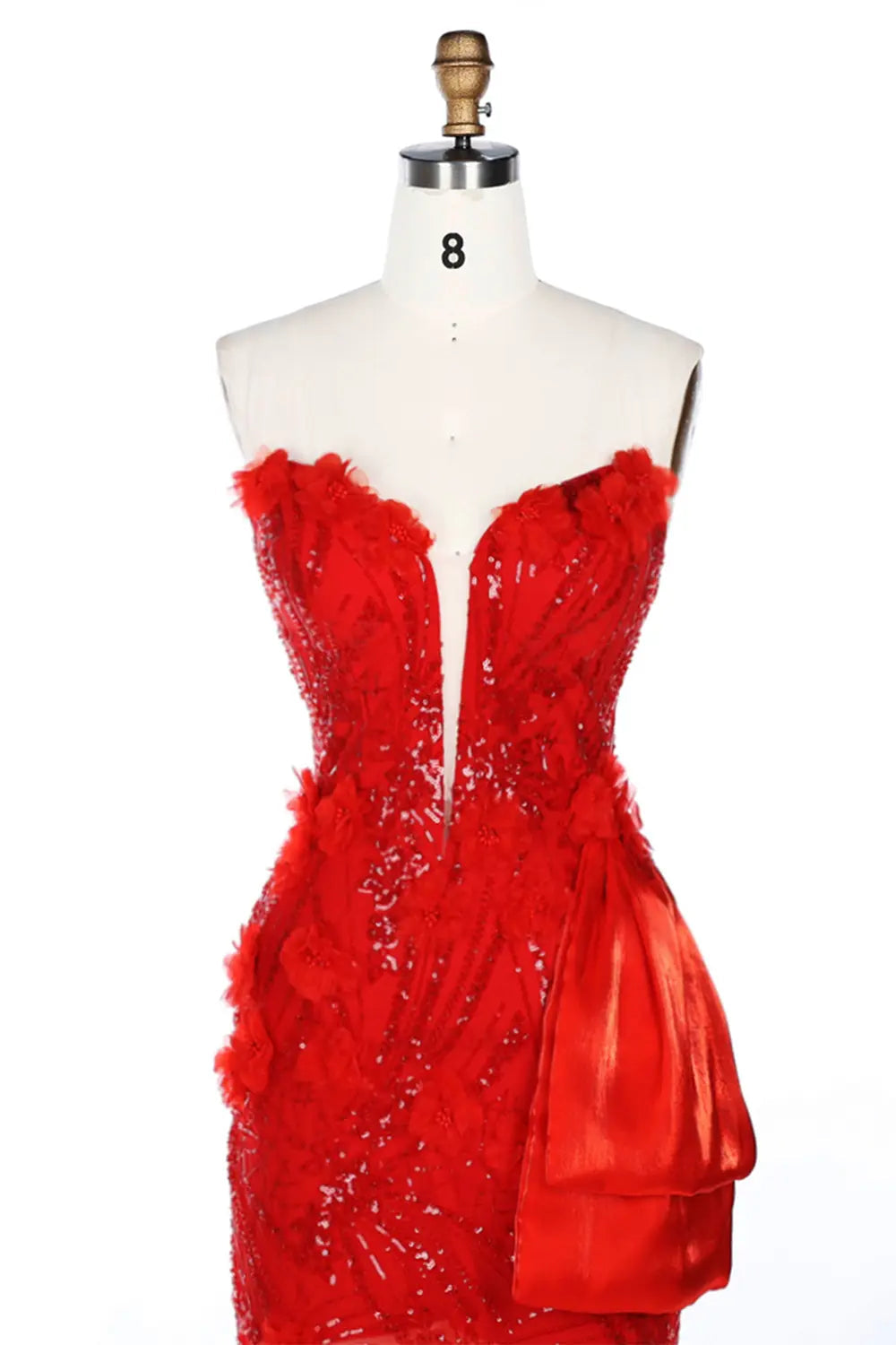 Vestido de noche rojo palabra de honor con lentejuelas y malla transparente