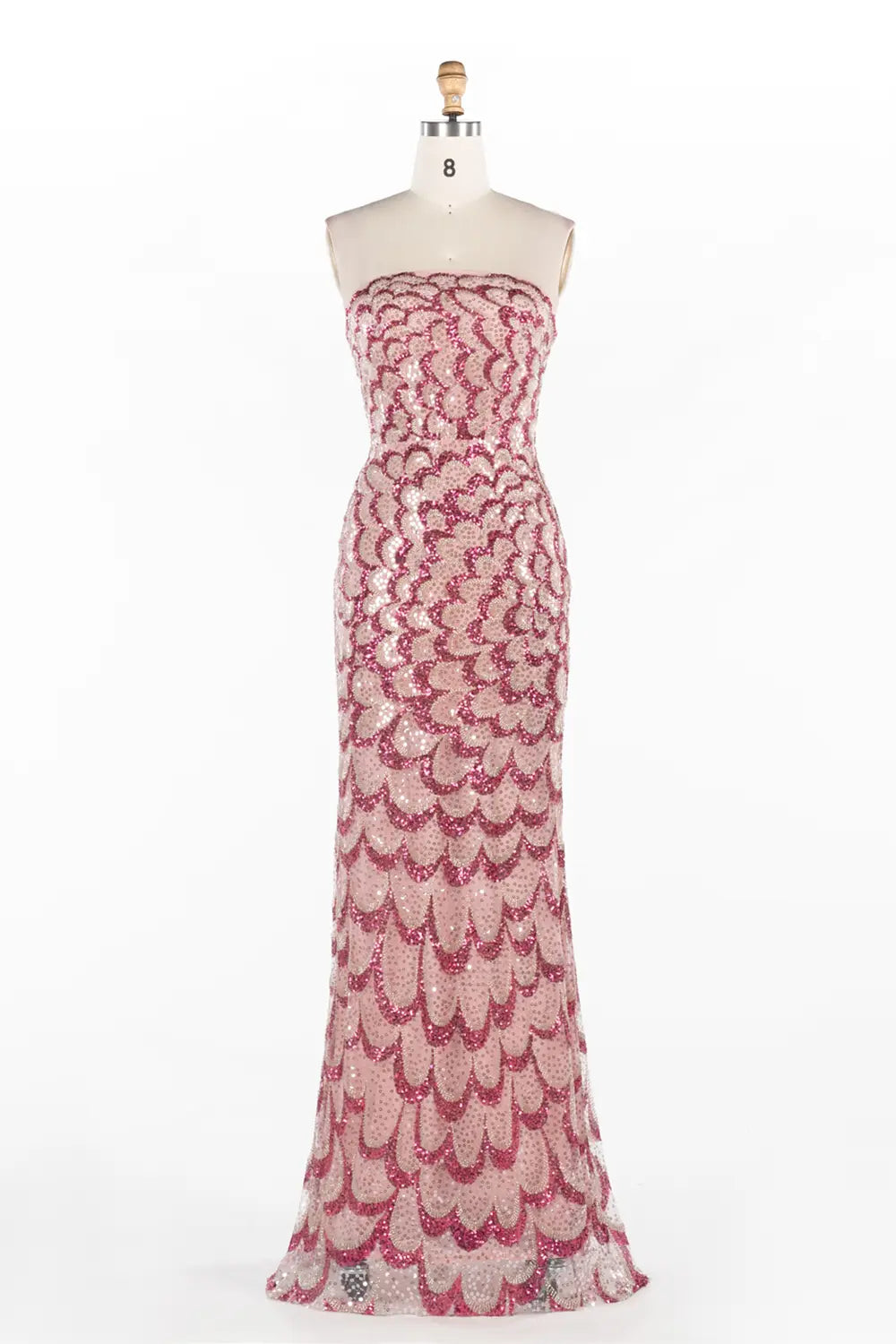 Vestido largo rosa de sirena palabra de honor con lentejuelas efecto escamas