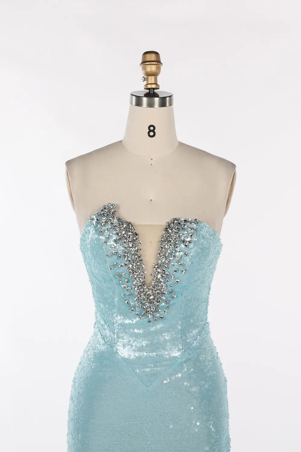 Vestido de noche azul palabra de honor con lentejuelas y abalorios