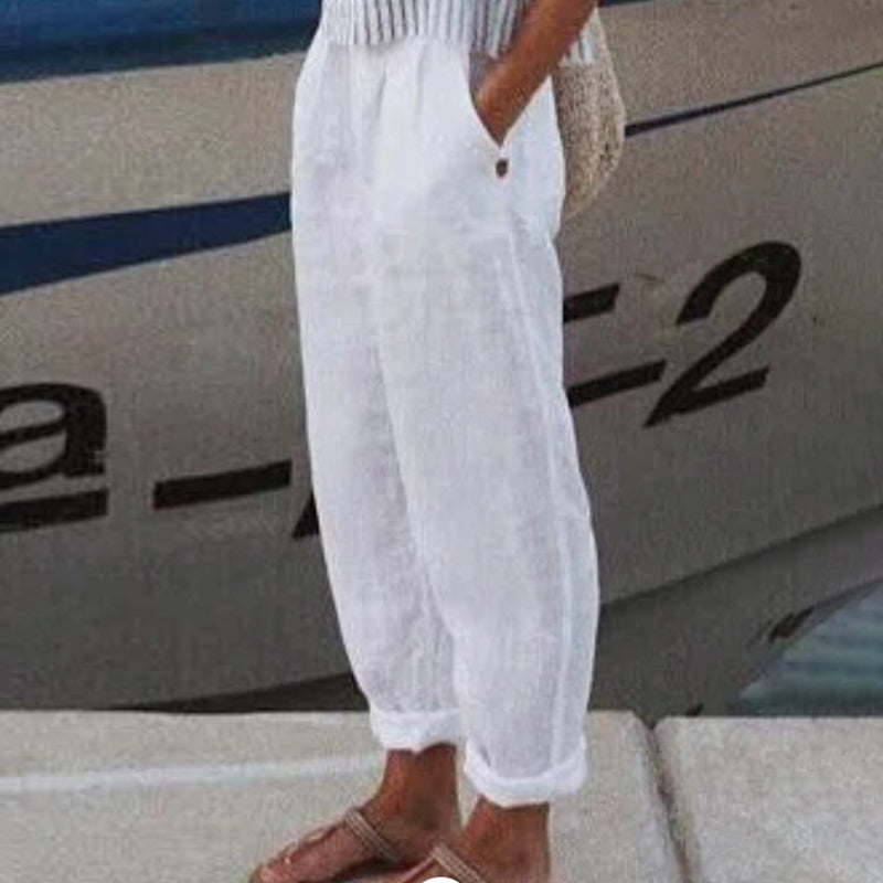 Pantalón casual de algodón y lino de color liso