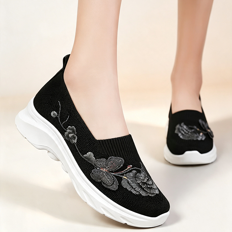 Zapatos de punto transpirable bordados con flores, con plataforma y sin cordones