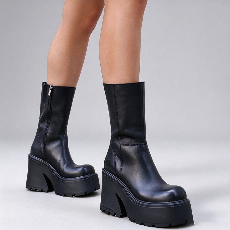Botas con plataforma gruesa y punta redonda hasta media pierna