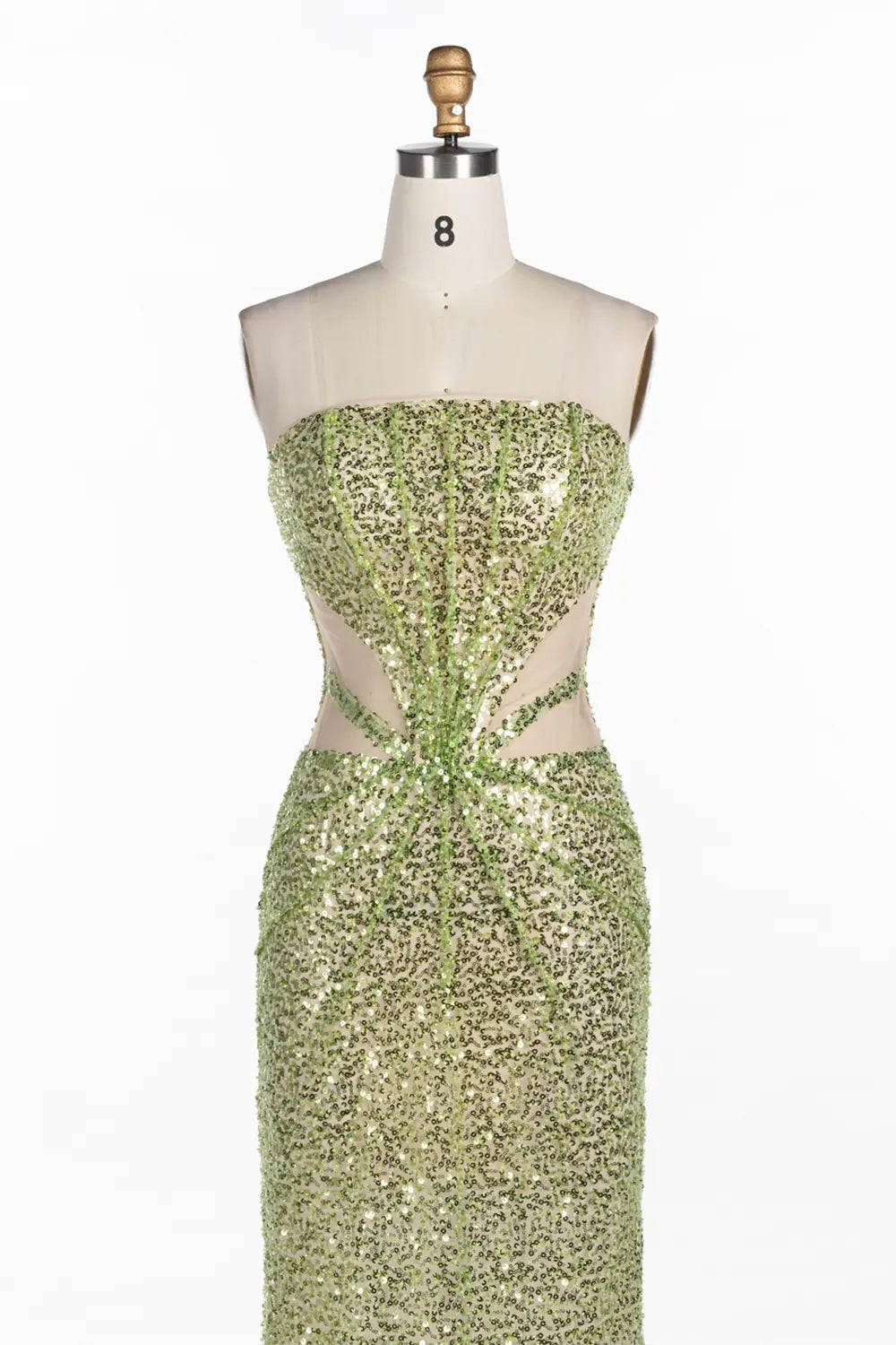 Vestido de noche verde palabra de honor con lentejuelas y aberturas