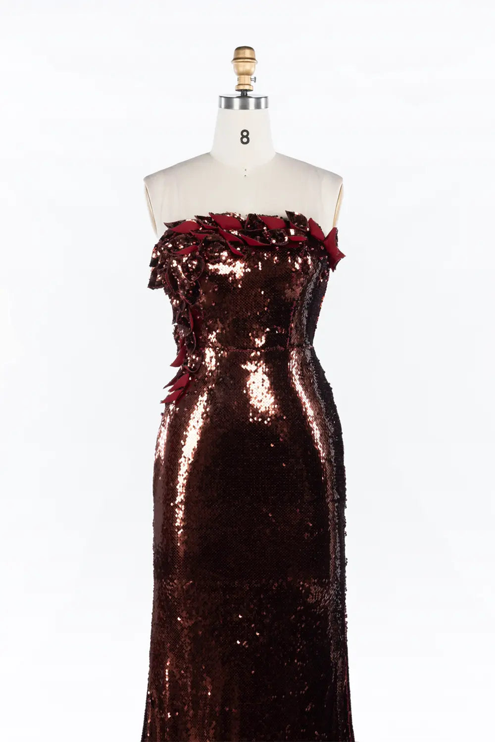 Vestido de noche burdeos de sirena con lentejuelas brillantes y rosas 3D