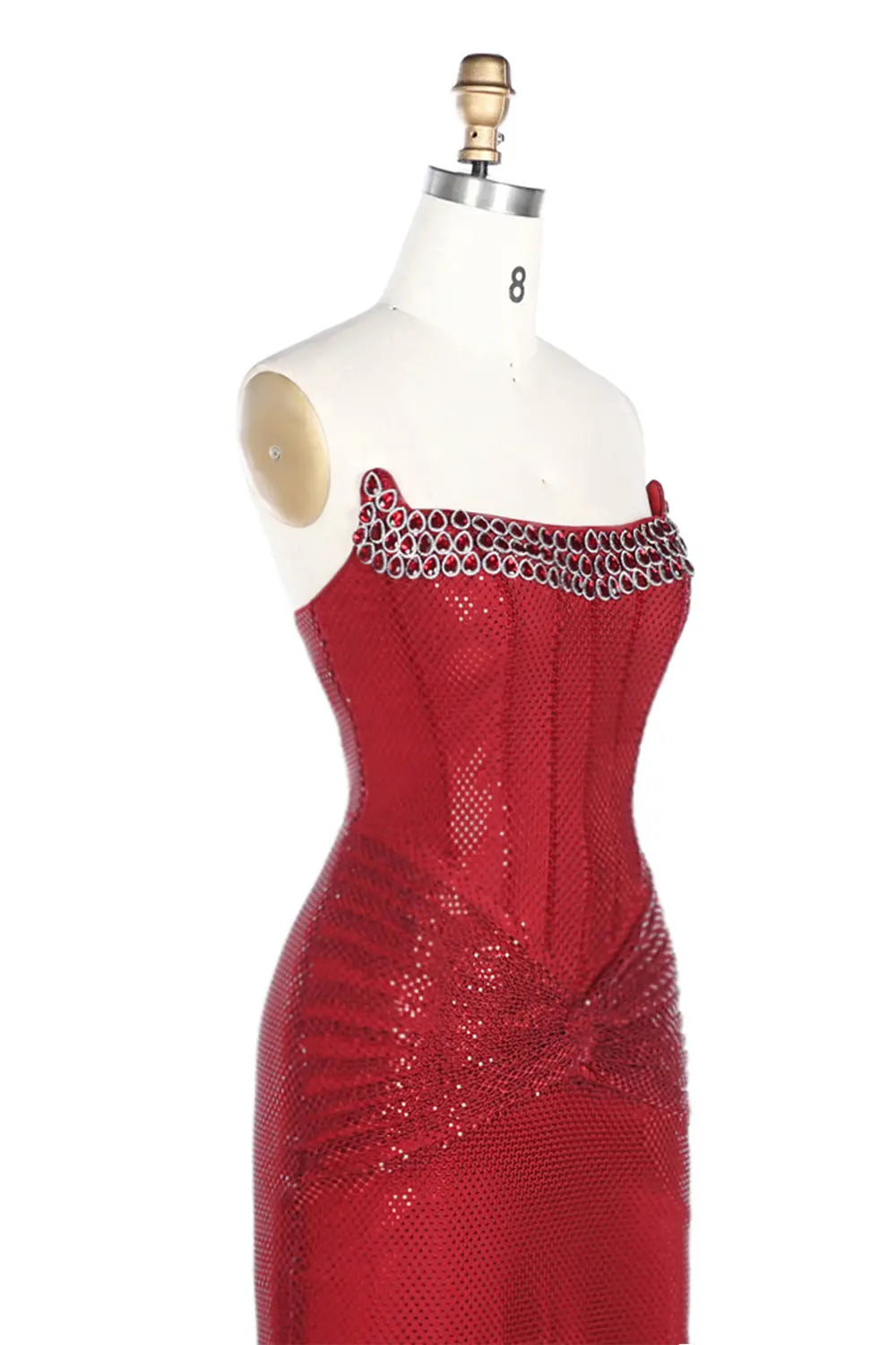 Vestido de noche rojo palabra de honor con lentejuelas