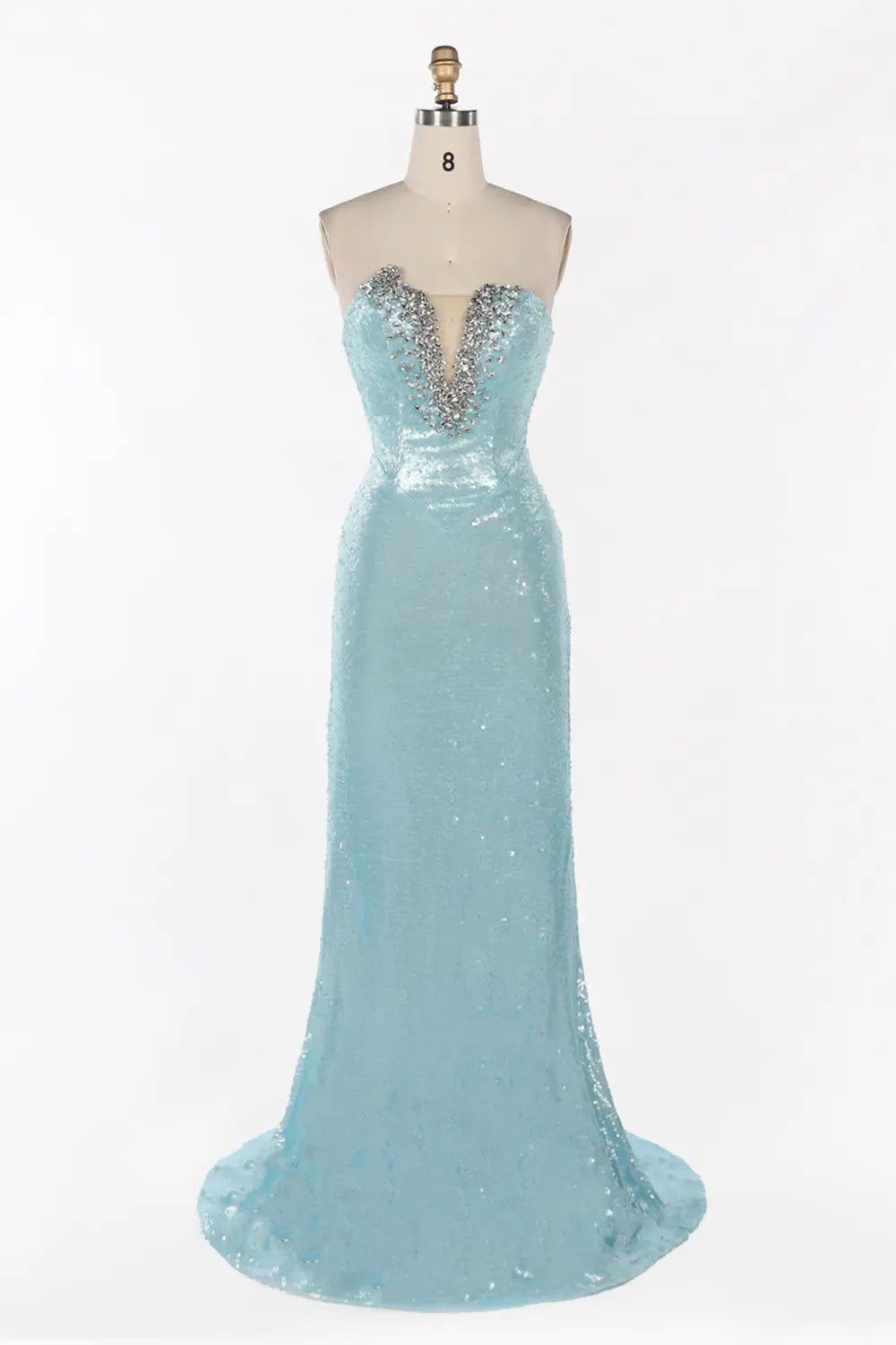 Vestido de noche azul palabra de honor con lentejuelas y abalorios