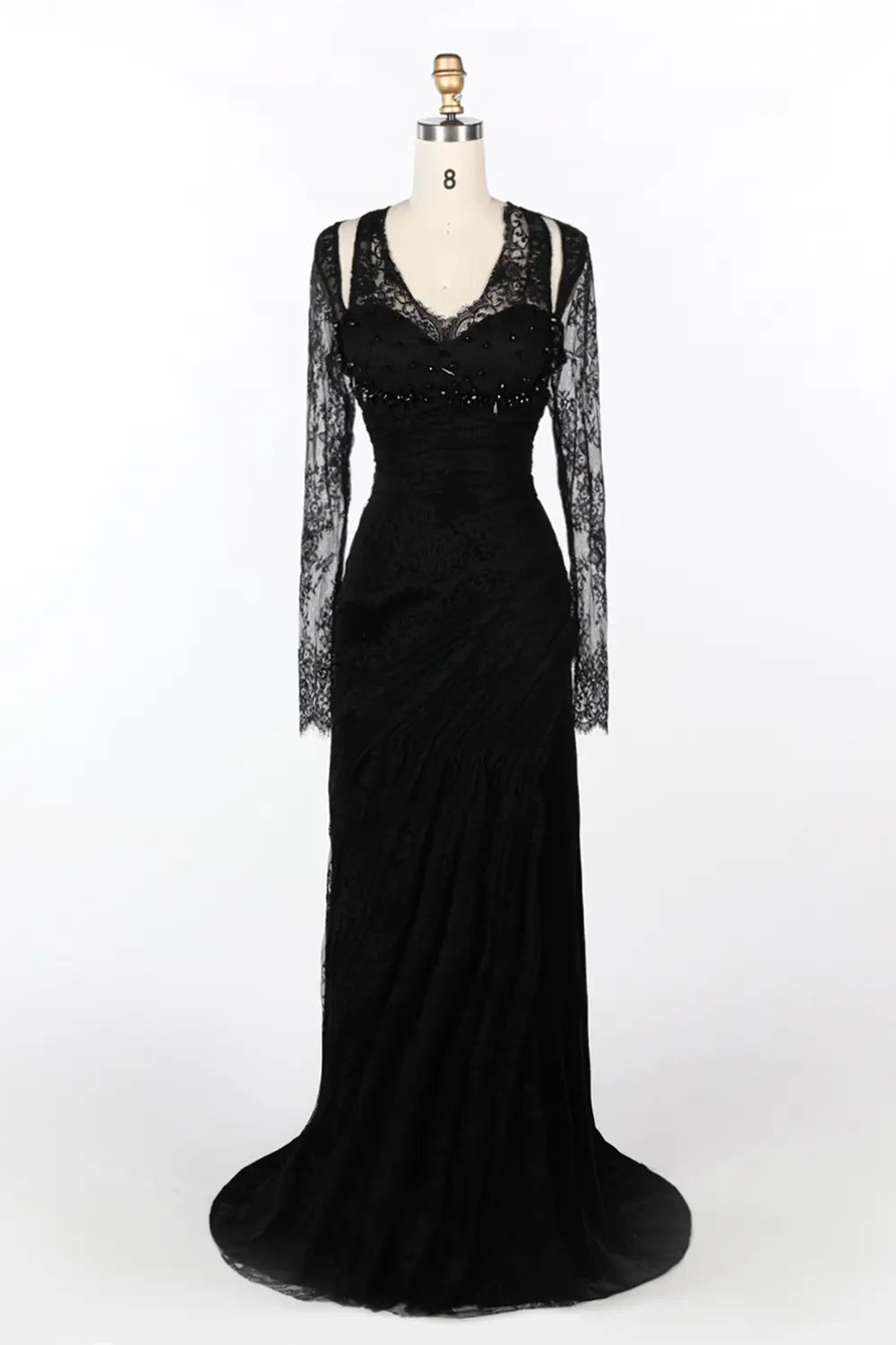 Vestido de noche negro de sirena con mangas de encaje y abalorios
