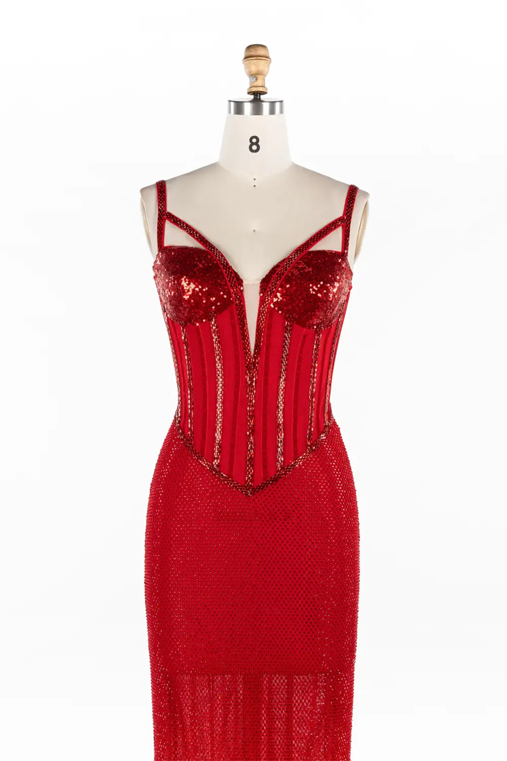 Vestido de noche rojo con corsé, escote profundo, lentejuelas y malla brillante