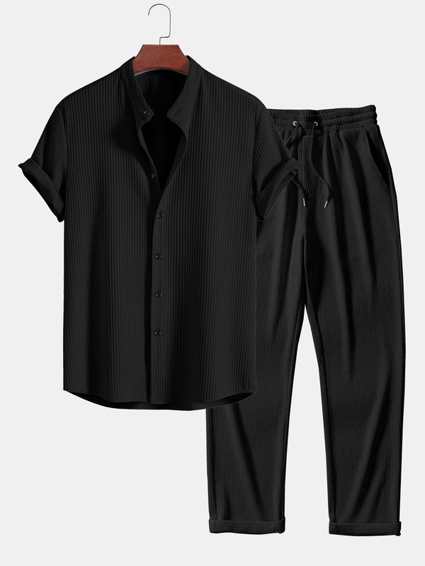 Camisa ajustada musculosa con cuello alto acanalado & Pantalones acanalados de pierna recta