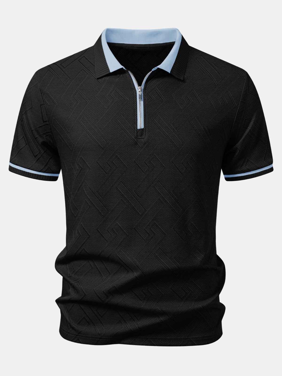 Polo de punto con cremallera, jacquard geométrico y ribete de contraste