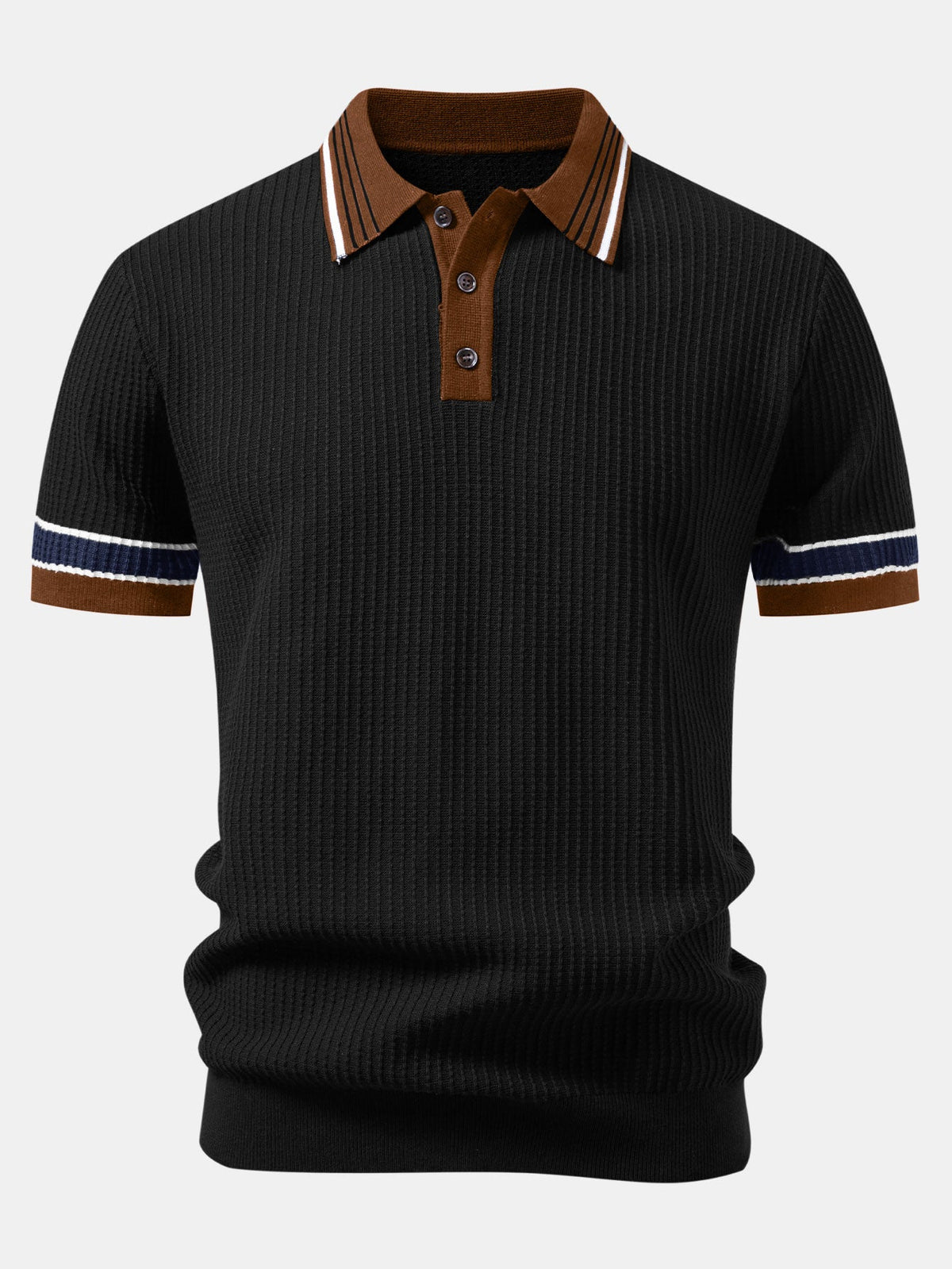 Polo de punto waffle con ribete de rayas en contraste